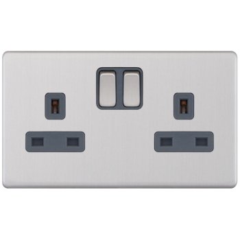 Selectric 5M-Plus Screwless Satin Chrome 2 Gang 13A Switched Socket with Grey Insert