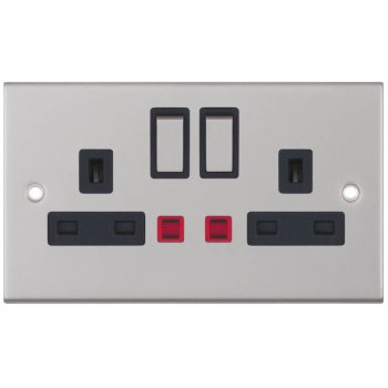 Selectric 5M Satin Chrome 2 Gang 13A DP Switched Socket with Neon and Black Insert
