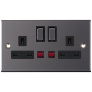 Selectric 5M Black Nickel 2 Gang 13A DP Switched Socket with Neon and Black Insert