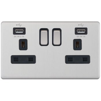 Selectric 5M-Plus Satin Chrome 2 Gang 13A Switched Socket with USB Outlet and Black Insert