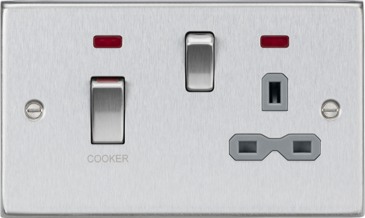 Knightsbridge CS83MNBCG 45A DP Switch & 13A Socket with Neons - Brushed Chrome with Grey Insert