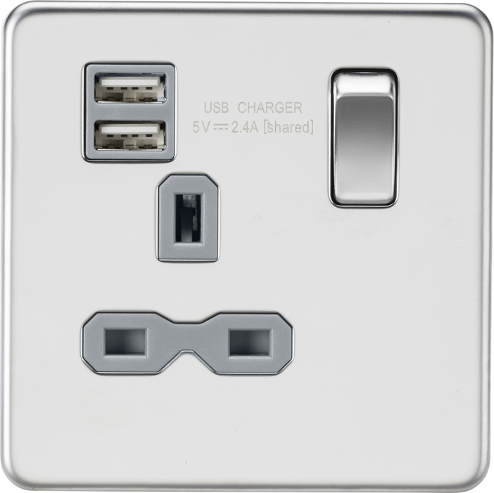 Knightsbridge SFR9124PCG 13A 1G SP Switched Socket with Dual USB A+A (5V DC 2.4A shared) - Polished Chrome with Grey Insert