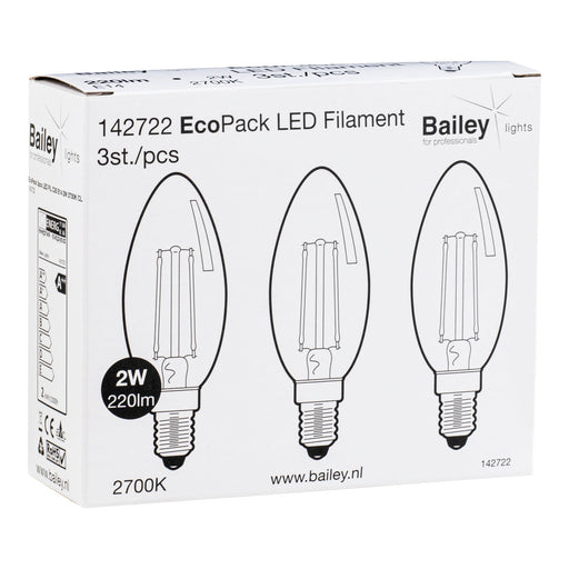 Bailey - 142722 - EcoPack 3pcs LED FIL C35 E14 2W (22W) 220lm 827 Clear Light Bulbs Bailey - The Lamp Company