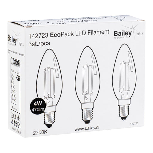 Bailey - 142723 - EcoPack 3pcs LED FIL C35 E14 4W (40W) 470lm 827 Clear Light Bulbs Bailey - The Lamp Company