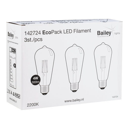 Bailey - 142724 - EcoPack 3pcs LED FIL ST64 E27 4W (29W) 300lm 822 Gold Light Bulbs Bailey - The Lamp Company