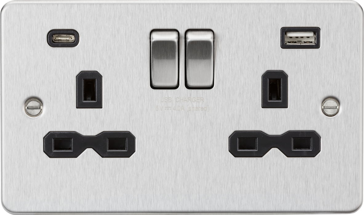 Knightsbridge FPR9940BC 13A 2G SP Switched Socket with Dual USB A+C (5V DC 4.0A shared) - Brushed Chrome with Black Insert