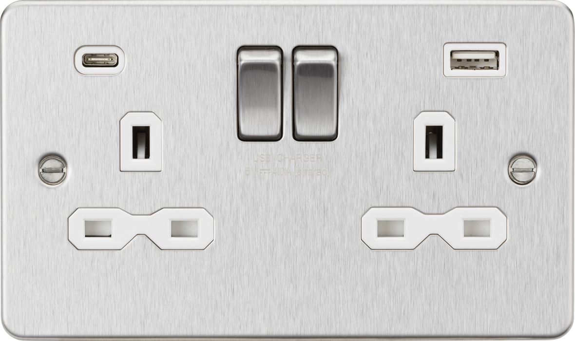 Knightsbridge FPR9940BCW 13A 2G SP Switched Socket with Dual USB A+C (5V DC 4.0A shared) - Brushed Chrome with White Insert