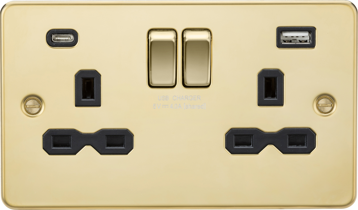 Knightsbridge FPR9940PB 13A 2G SP Switched Socket with Dual USB A+C (5V DC 4.0A shared) -  Polished Brass with Black Insert