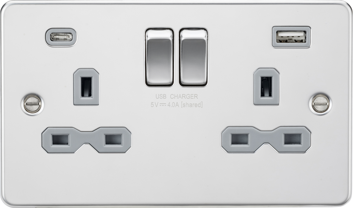 Knightsbridge FPR9940PCG 13A 2G SP Switched Socket with Dual USB A+C (5V DC 4.0A shared) - Polished Chrome with Grey Insert