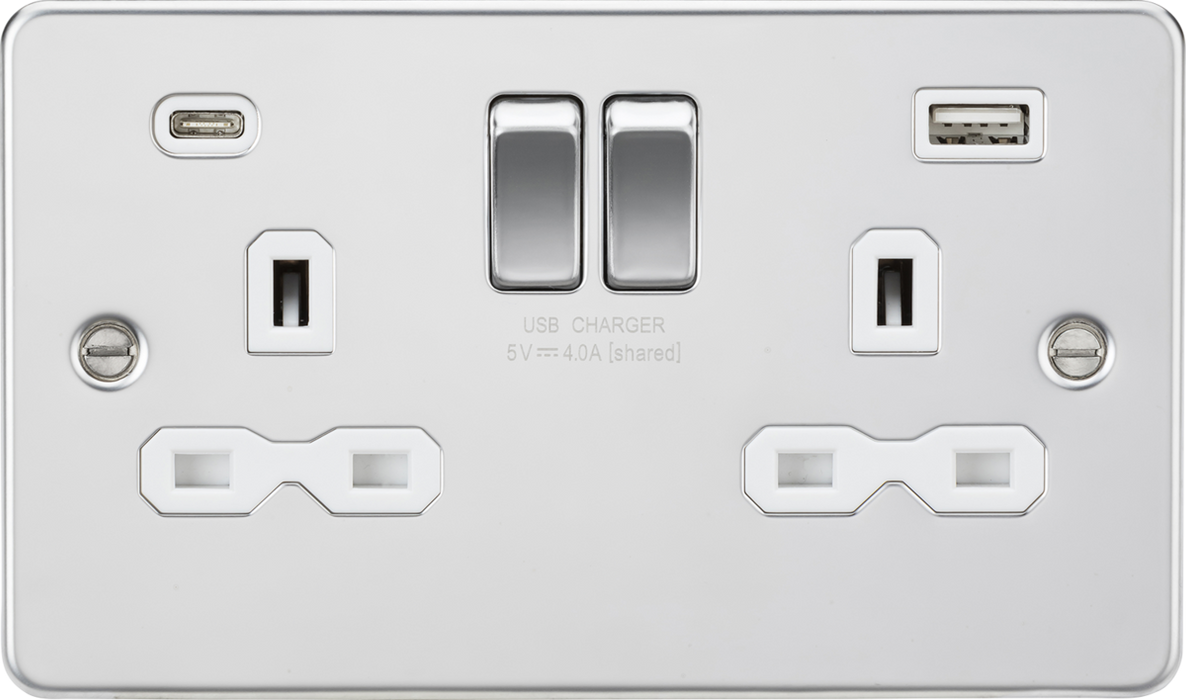 Knightsbridge FPR9940PCW 13A 2G SP Switched Socket with Dual USB A+C (5V DC 4.0A shared) - Polished Chrome with White Insert