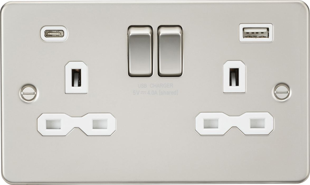 Knightsbridge FPR9940PLW 13A 2G SP Switched Socket with Dual USB A+C (5V DC 4.0A shared) - Pearl with White Insert