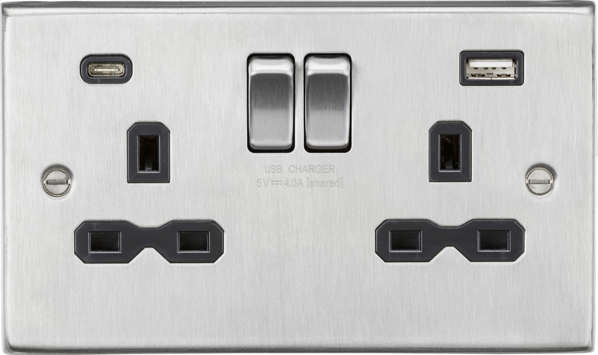 Knightsbridge CS9940BC 13A 2G SP Switched Socket with Dual USB A+C (5V DC 4.0A shared)  - Brushed Chrome with Black Insert