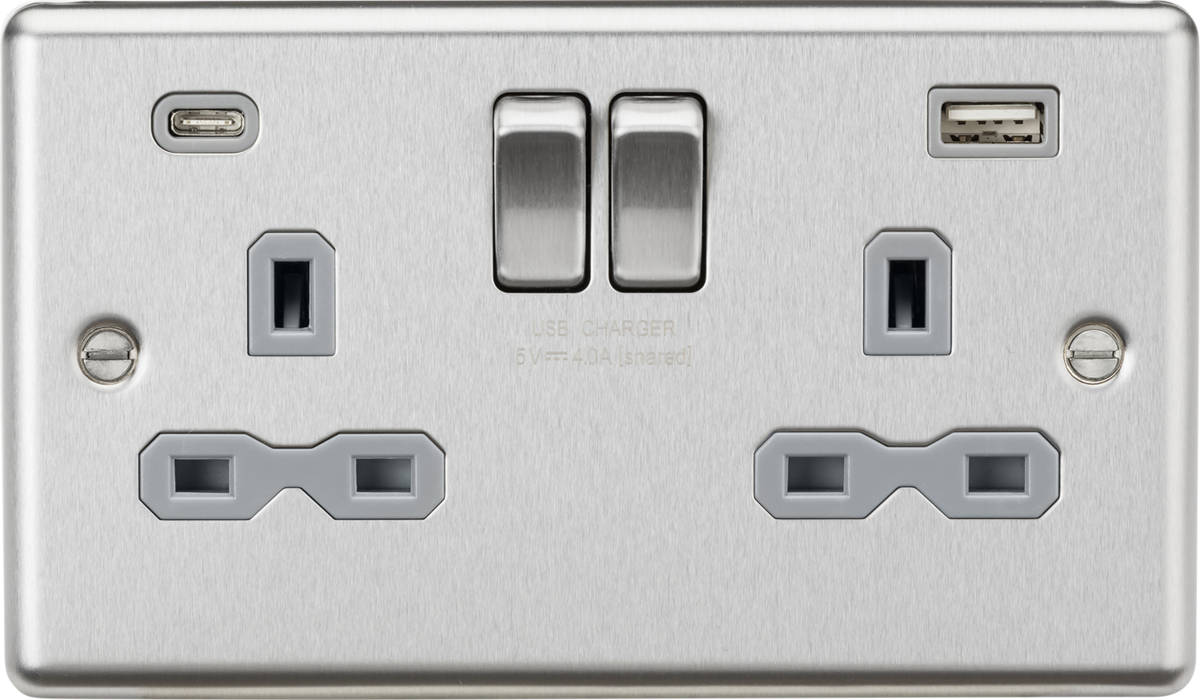 Knightsbridge CL9940BCG 13A 2G SP Switched Socket with dual USB C+A 5V DC 4.0A [shared] - Brushed Chrome with grey insert