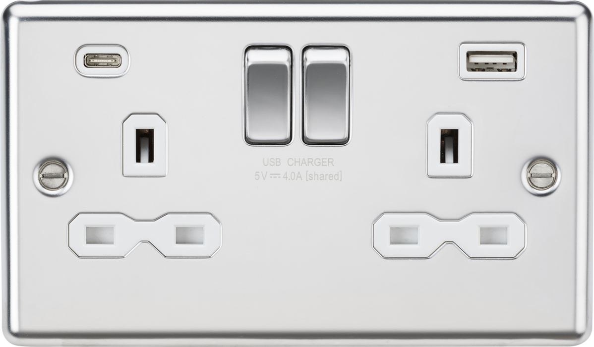 Knightsbridge CL9940PCW 13A 2G SP Switched Socket with dual USB C+A 5V DC 4.0A [shared] - Polished Chrome with white insert