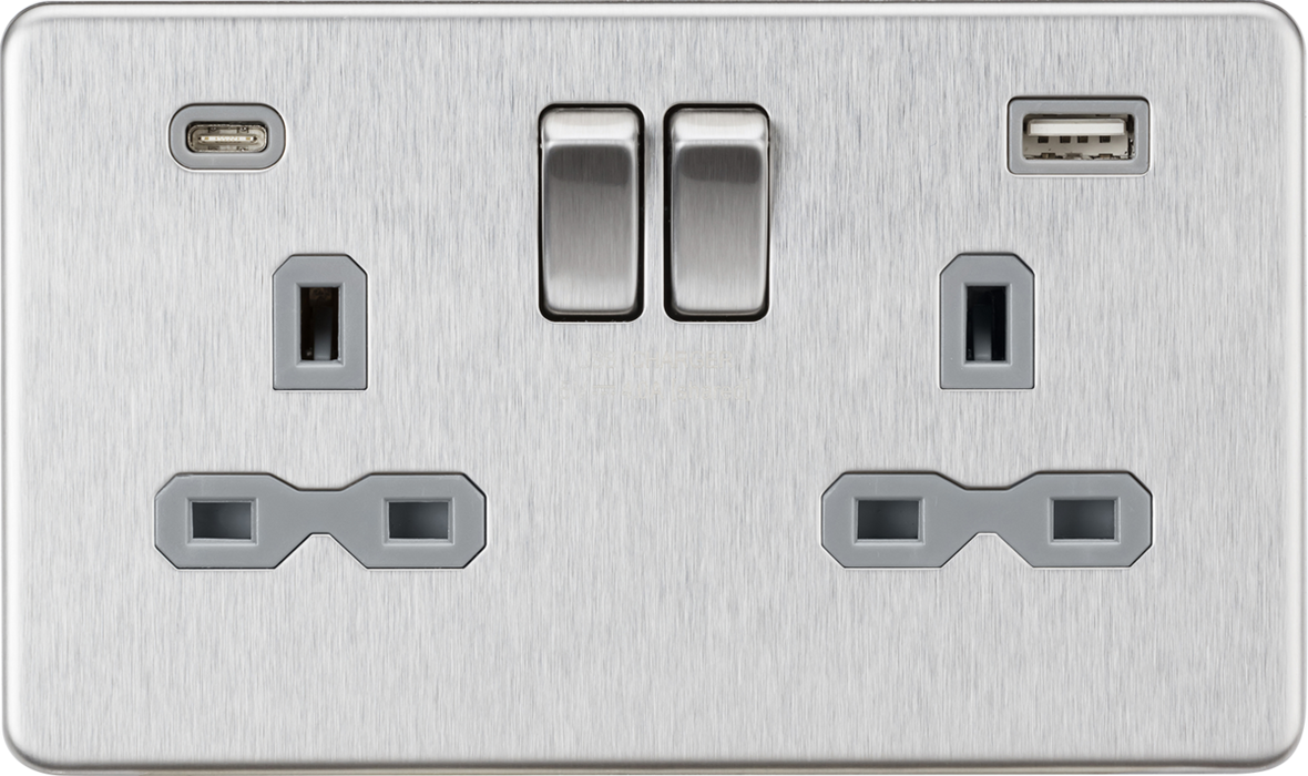 Knightsbridge SFR9940BCG 13A 2G SP Switched Socket with Dual USB A+C (5V DC 4.0A shared) - Brushed Chrome with Grey Insert