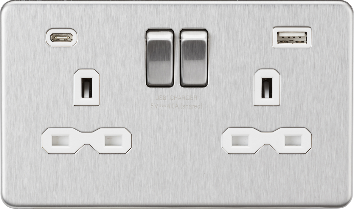 Knightsbridge SFR9940BCW 13A 2G SP Switched Socket with Dual USB A+C (5V DC 4.0A shared) - Brushed Chrome with White Insert