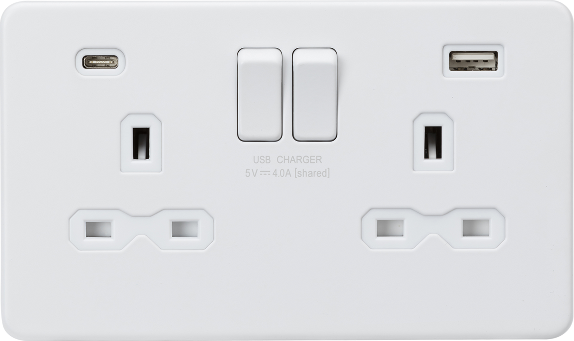 Knightsbridge SFR9940MW 13A 2G SP Switched Socket with Dual USB A+C (5V DC 4.0A shared) - Matt White with White Insert