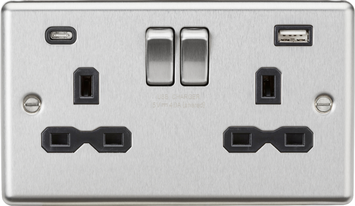 Knightsbridge CL9940BC 13A 2G SP Switched Socket with dual USB C+A 5V DC 4.0A [shared] - Brushed Chrome with black insert