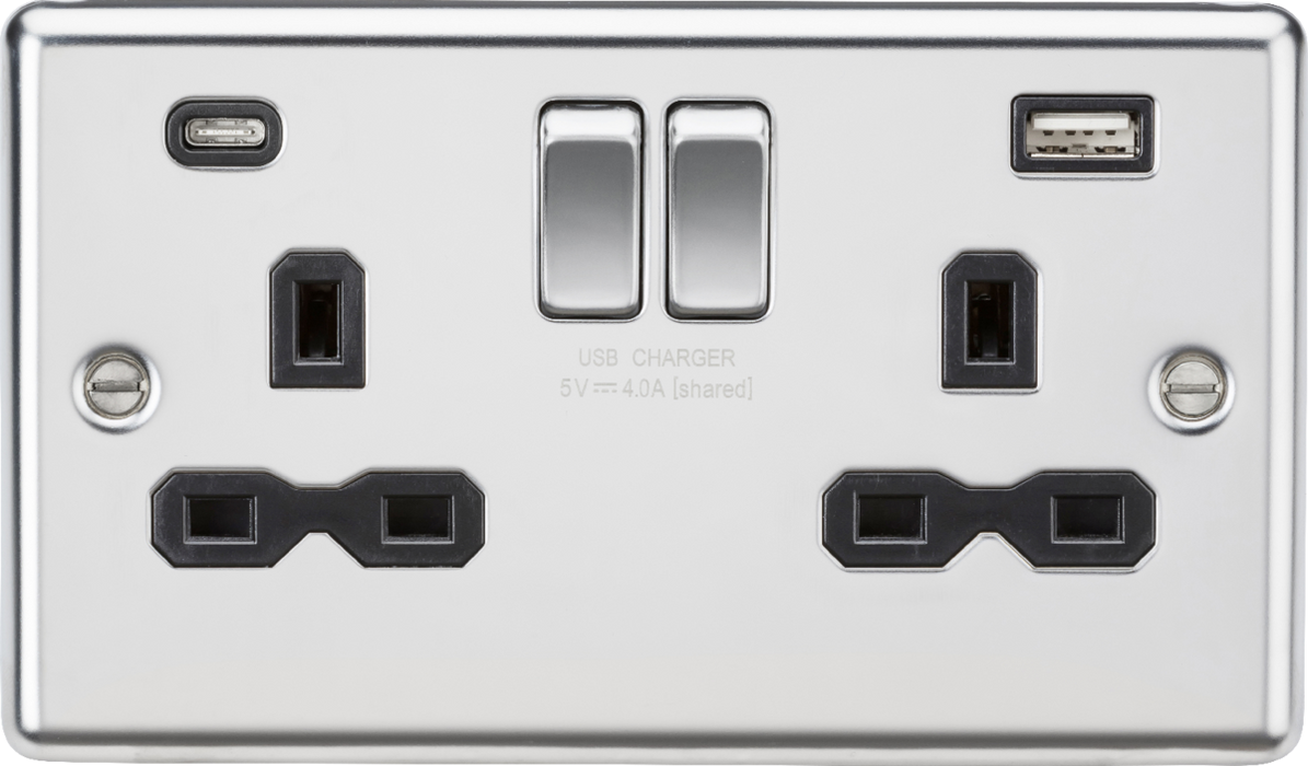 Knightsbridge CL9940PC 13A 2G SP Switched Socket with dual USB C+A 5V DC 4.0A [shared] - Polished Chrome with black insert