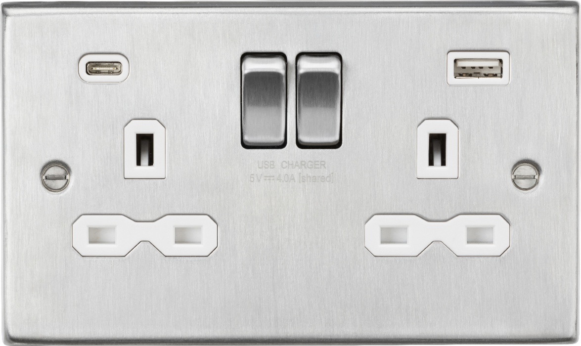 Knightsbridge CS9940BCW 13A 2G SP Switched Socket with Dual USB A+C (5V DC 4.0A shared) - Brushed Chrome with White Insert