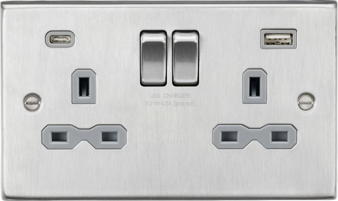 Knightsbridge CS9940BCG 13A 2G SP Switched Socket with Dual USB A+C (5V DC 4.0A shared) - Brushed Chrome with Grey Insert