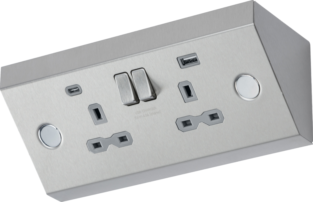 Knightsbridge SKR9 Under Cabinet 13A 2G Socket with Dual USB A+C [5V DC 4.0A shared] - Stainless Steel