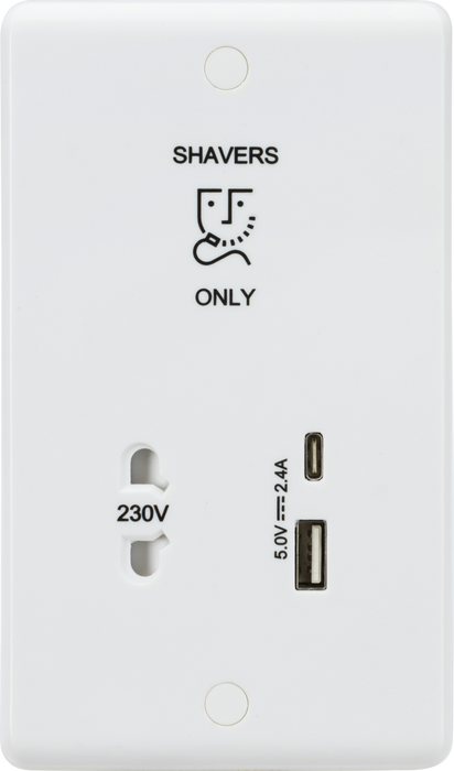 Knightsbridge CU8909 230V Shaver Socket with Dual USB A+C (5V DC 2.4A shared, Max. 12W)