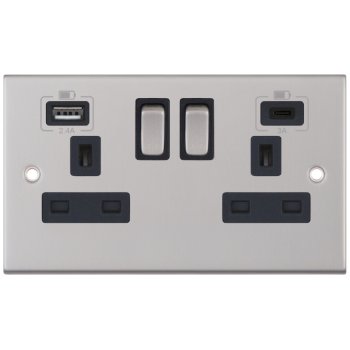 Selectric 5M Satin Chrome 2 Gang 13A Switched Socket with USB C and A Outlets - Black Insert