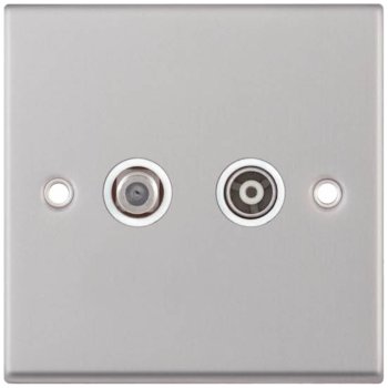 Selectric 7M-Pro Satin Chrome 2 Gang Satellite and TV/FM Socket with White Insert