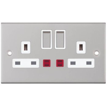 Selectric 5M Satin Chrome 2 Gang 13A DP Switched Socket with Neon and White Insert