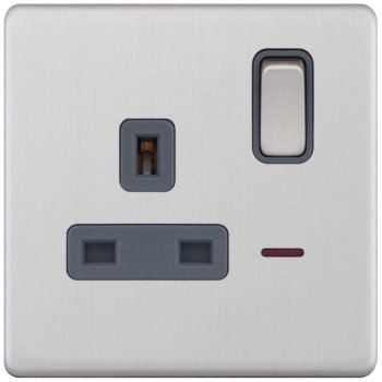Selectric 5M-Plus Screwless Satin Chrome 1 Gang 13A DP Switched Socket with Neon and Grey Insert