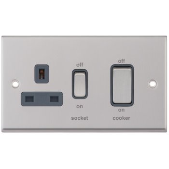 Selectric 7M-Pro Satin Chrome 45A DP Switch and 13A Switched Socket with Grey Insert