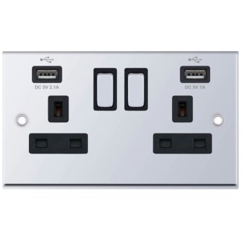 Selectric 7M-Pro Polished Chrome 2 Gang 13A Switched Socket with USB Outlet and Black Insert