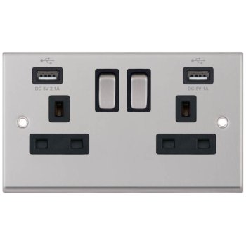 Selectric 7M-Pro Satin Chrome 2 Gang 13A Switched Socket with USB Outlet and Black Insert