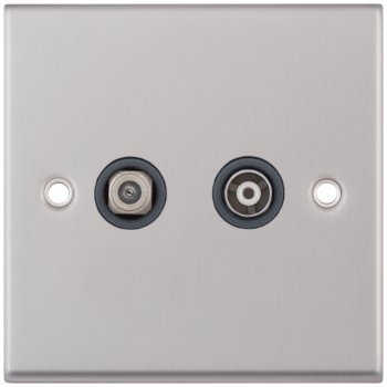 Selectric 7M-Pro Satin Chrome 2 Gang Satellite and TV/FM Socket with Grey Insert