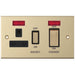 Selectric 5M Satin Brass 45A DP Switch and 13A Switched Socket with Neon and Black Insert