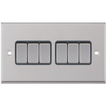 Selectric 7M-Pro Satin Chrome 6 Gang 10A 2 Way Switch with Grey Insert