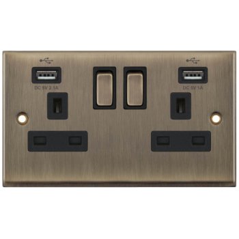 Selectric 7M-Pro Antique Brass 2 Gang 13A Switched Socket with USB Outlet and Black Insert