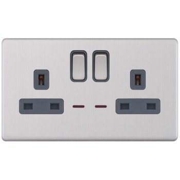 Selectric 5M-Plus Screwless Satin Chrome 2 Gang 13A DP Switched Socket with Neon and Grey Insert