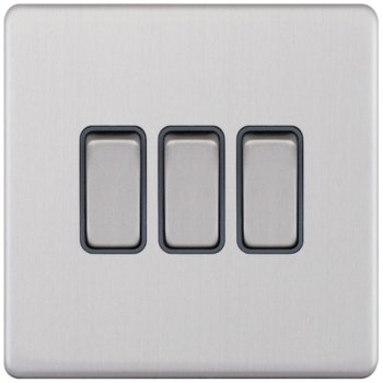 Selectric 5M-Plus Screwless Satin Chrome 3 Gang 10A 2 Way Switch with Grey Insert