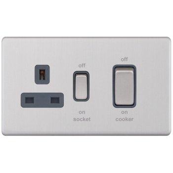 Selectric 5M-Plus Screwless Satin Chrome 45A DP Switch and 13A Switched Socket with Grey Insert