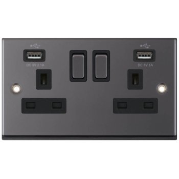 Selectric 7M-Pro Black Nickel 2 Gang 13A Switched Socket with USB Outlet and Black Insert