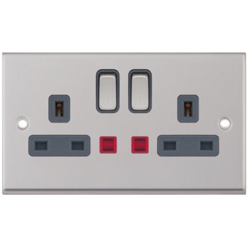 Selectric 7M-Pro Satin Chrome 2 Gang 13A DP Switched Socket with Neon and Grey Insert