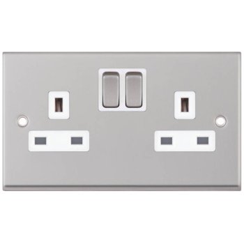 Selectric 7M-Pro Satin Chrome 2 Gang 13A Switched Socket with White Insert