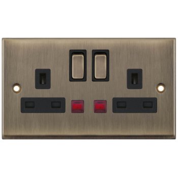 Selectric 7M-Pro Antique Brass 2 Gang 13A DP Switched Socket with Neon and Black Insert