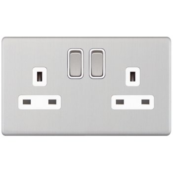 Selectric 5M-Plus Satin Chrome 2 Gang 13A DP Switched Socket with White Insert