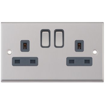 Selectric 7M-Pro Satin Chrome 2 Gang 13A DP Switched Socket with Grey Insert