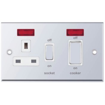 Selectric 7M-Pro Polished Chrome 45A DP Switch and 13A Switched Socket with Neon and White Insert