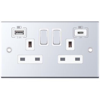 Selectric 5M Polished Chrome 2 Gang 13A Switched Socket with USB C and A Outlets - White Insert