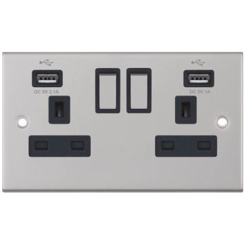 Selectric 5M Satin Chrome 2 Gang 13A Switched Socket with USB Outlet and Black Insert
